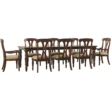 Nine-Piece Rectangular Leg Dining Table with Two 18" Leaves & Pierced Back Arm & Side Chairs with Fabric-Upholstered Seats